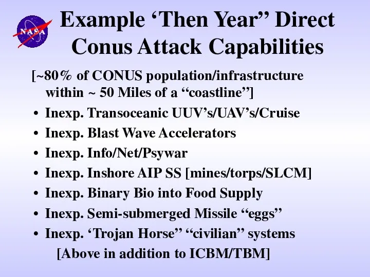 Example ‘Then Year” Direct Conus Attack Capabilities [~80% of CONUS population/infrastructure