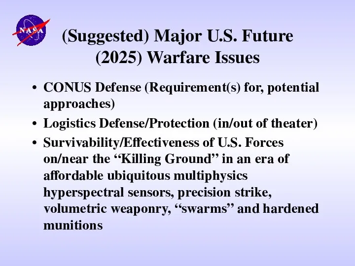 (Suggested) Major U.S. Future (2025) Warfare Issues CONUS Defense (Requirement(s) for,