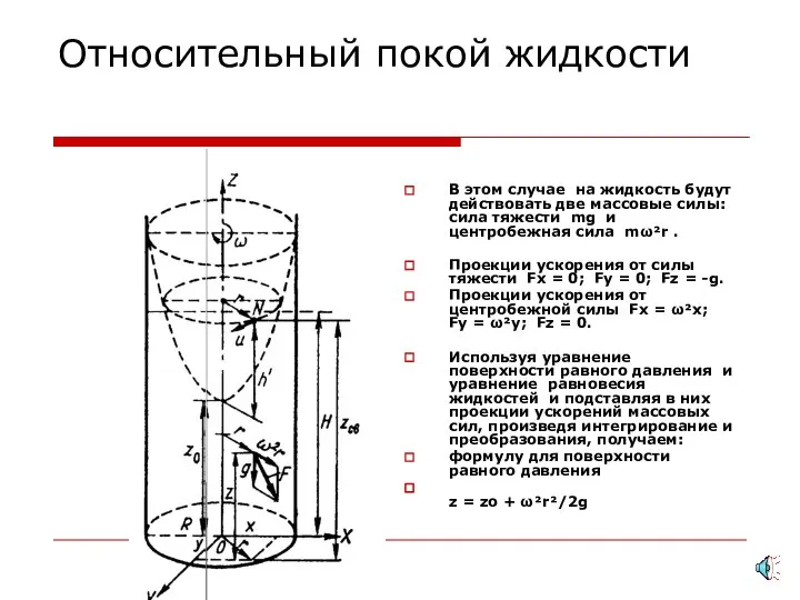 Относительный покой жидкости В этом случае на жидкость будут действовать две