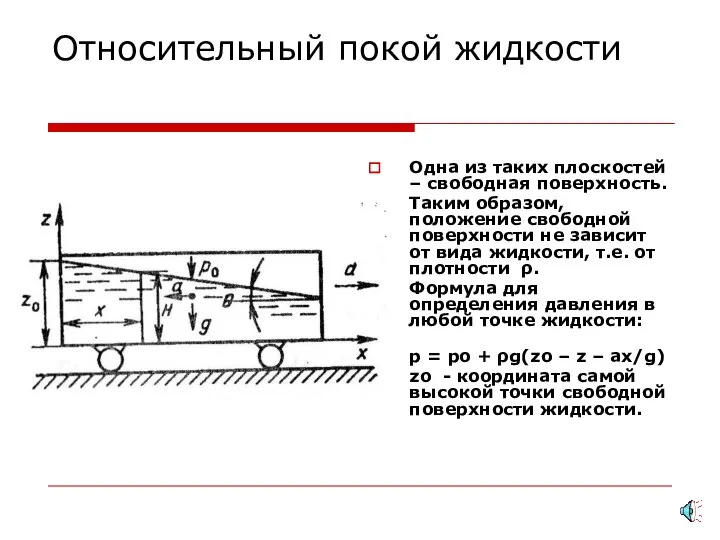 Относительный покой жидкости Одна из таких плоскостей – свободная поверхность. Таким