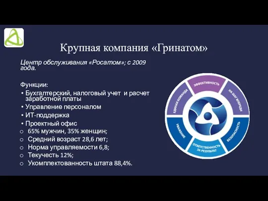 Крупная компания «Гринатом» Центр обслуживания «Росатом»; с 2009 года. Функции: Бухгалтерский,