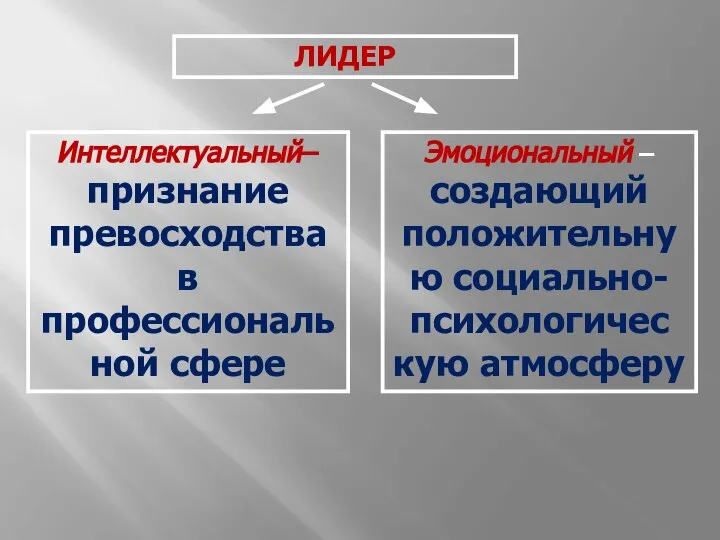 ЛИДЕР Интеллектуальный– признание превосходства в профессиональной сфере Эмоциональный – создающий положительную социально-психологичес кую атмосферу