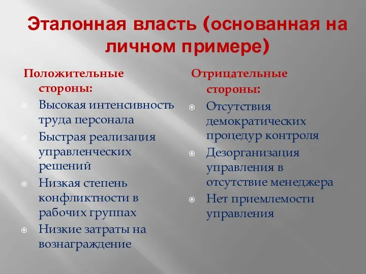 Эталонная власть (основанная на личном примере) Положительные стороны: Высокая интенсивность труда