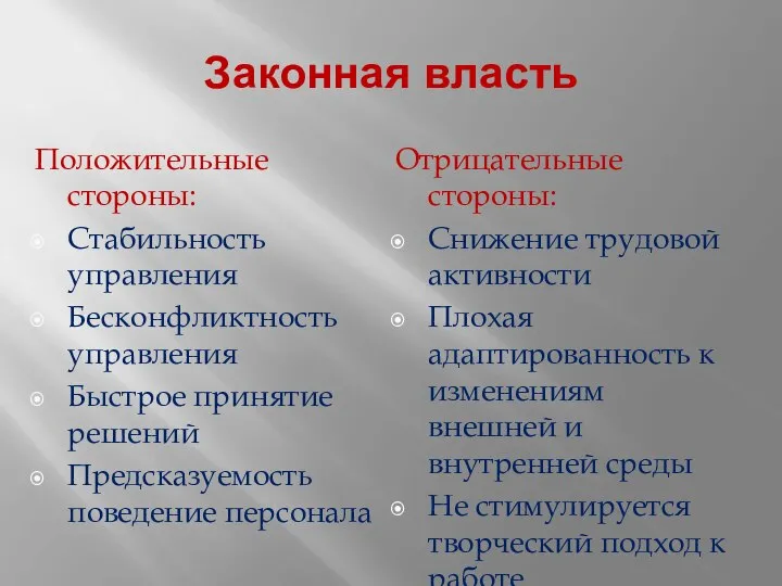 Законная власть Положительные стороны: Стабильность управления Бесконфликтность управления Быстрое принятие решений