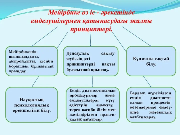 Мейірбике өз іс - әрекетінде емделушілермен қатынасудағы жалпы принциптері. Мейірбикенің шыншылдығы,