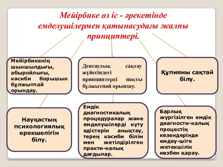 Мейірбике өз іс - әрекетінде емделушілермен қатынасудағы жалпы принциптері. Мейірбикенің шыншылдығы,