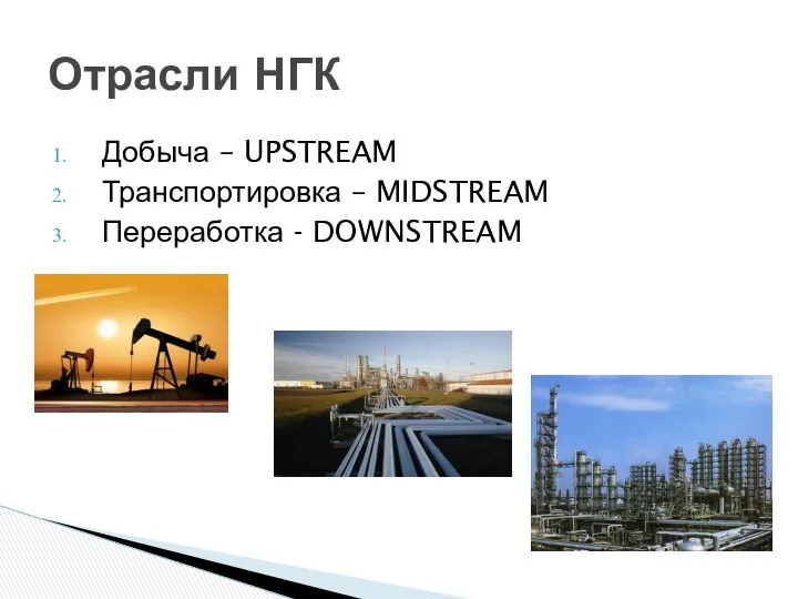 Добыча – UPSTREAM Транспортировка – MIDSTREAM Переработка - DOWNSTREAM Отрасли НГК