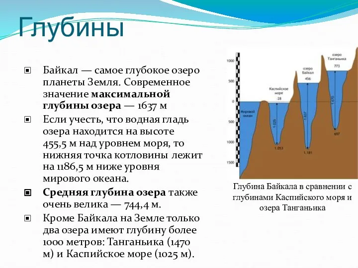 Глубины Байкал — самое глубокое озеро планеты Земля. Современное значение максимальной