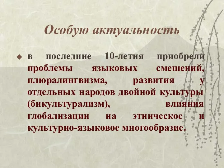 Особую актуальность в последние 10-летия приобрели проблемы языковых смешений, плюрaлингвизма, развития