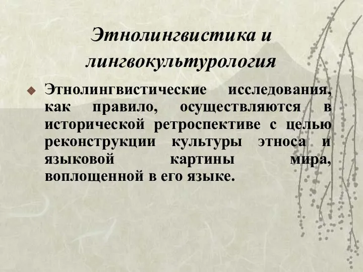 Этнолингвистика и лингвокультурология Этнолингвистические исследования, как правило, осуществляются в исторической ретроспективе