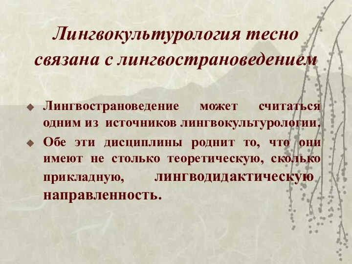 Лингвокультурология тесно связана с лингвострановедением Лингвострановедение может считаться одним из источников