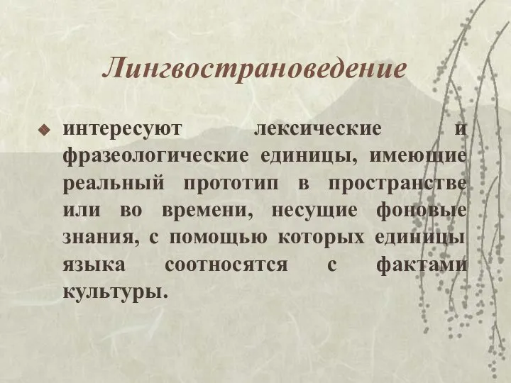 Лингвострановедение интересуют лексические и фразеологические единицы, имеющие реальный прототип в пространстве