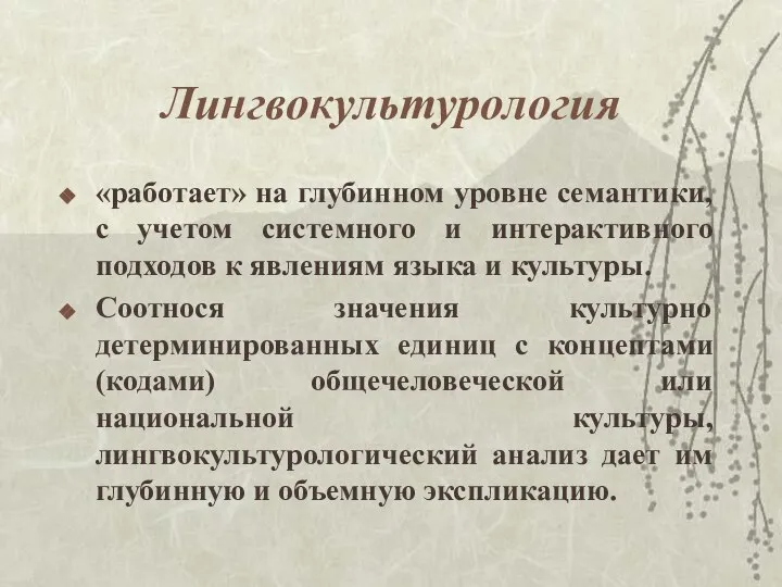 Лингвокультурология «работает» на глубинном уровне семантики, с учетом системного и интерактивного