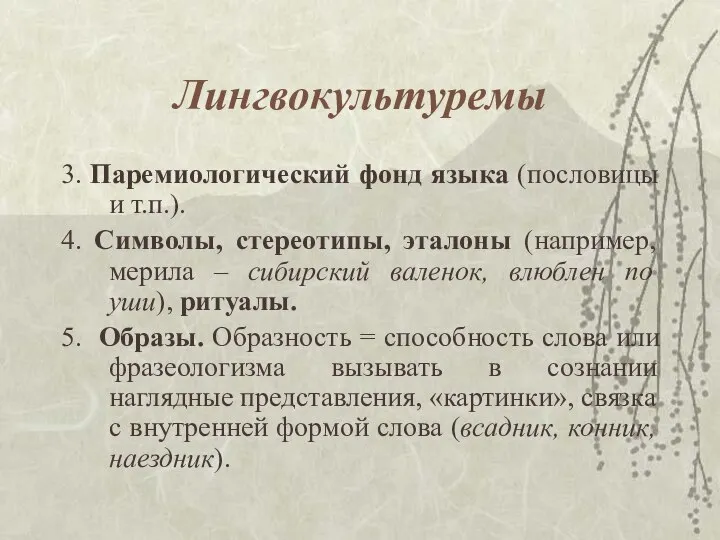 Лингвокультуремы 3. Паремиологический фонд языка (пословицы и т.п.). 4. Символы, стереотипы,