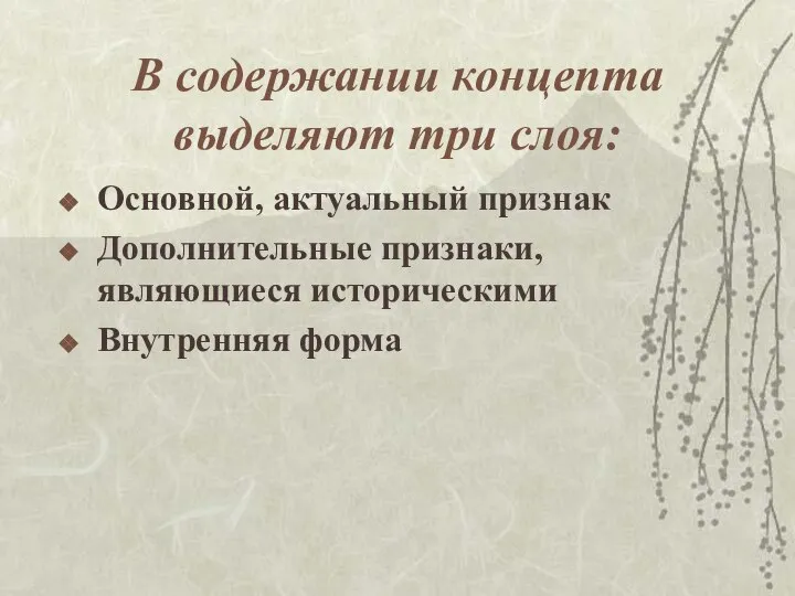 В содержании концепта выделяют три слоя: Основной, актуальный признак Дополнительные признаки, являющиеся историческими Внутренняя форма