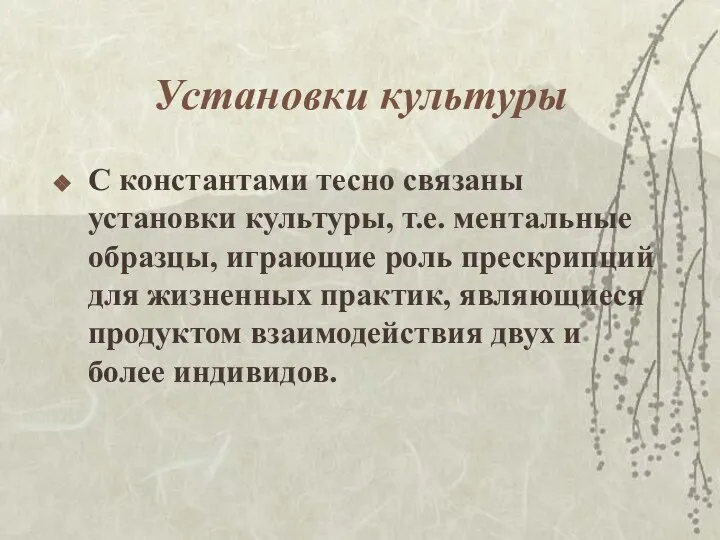 Установки культуры С константами тесно связаны установки культуры, т.е. ментальные образцы,