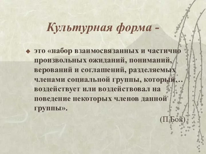 Культурная форма - это «набор взаимосвязанных и частично произвольных ожиданий, пониманий,