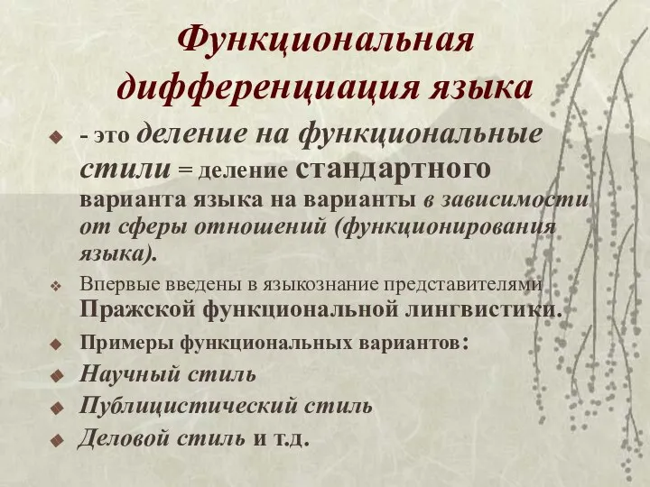 Функциональная дифференциация языка - это деление на функциональные стили = деление