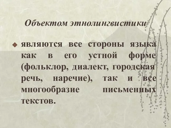 Объектом этнолингвистики являются все стороны языка как в его устной форме