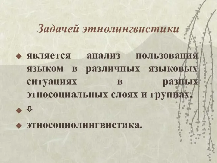 Задачей этнолингвистики является анализ пользования языком в различных языковых ситуациях в