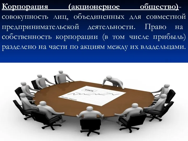 Корпорация (акционерное общество)- совокупность лиц, объединенных для совместной предпринимательской деятельности. Право