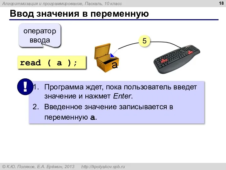 Ввод значения в переменную read ( a ); оператор ввода 5 a