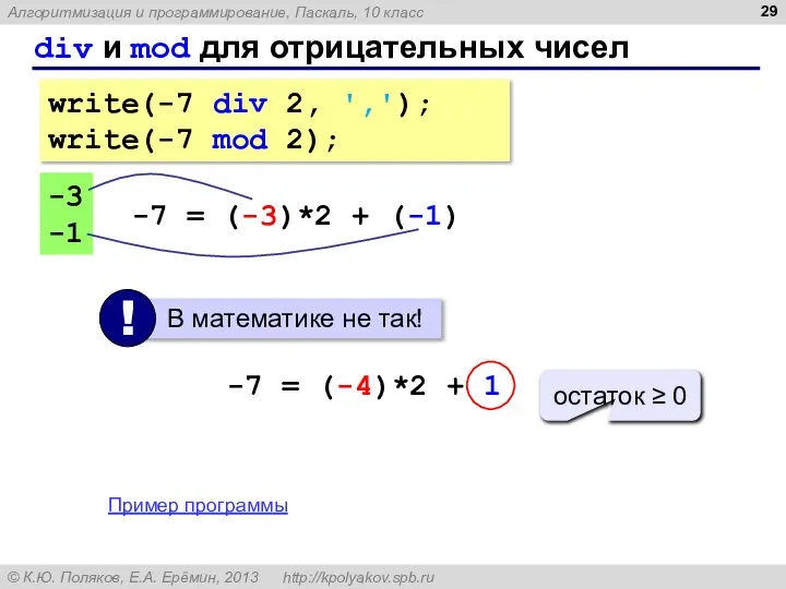 div и mod для отрицательных чисел write(-7 div 2, ','); write(-7