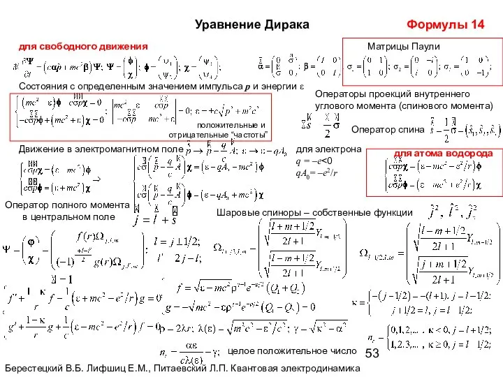 Уравнение Дирака для свободного движения Матрицы Паули Состояния с определенным значением