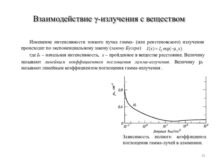 Изменение интенсивности тонкого пучка гамма- (или рентгеновского) излучения происходит по экспоненциальному