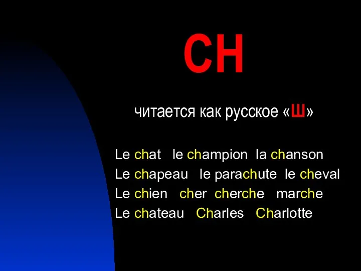 СH читается как русское «Ш» Le chat le champion la chanson