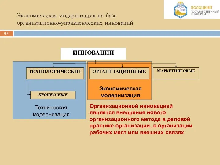 Экономическая модернизация на базе организационно-управленческих инноваций Организационной инновацией является внедрение нового