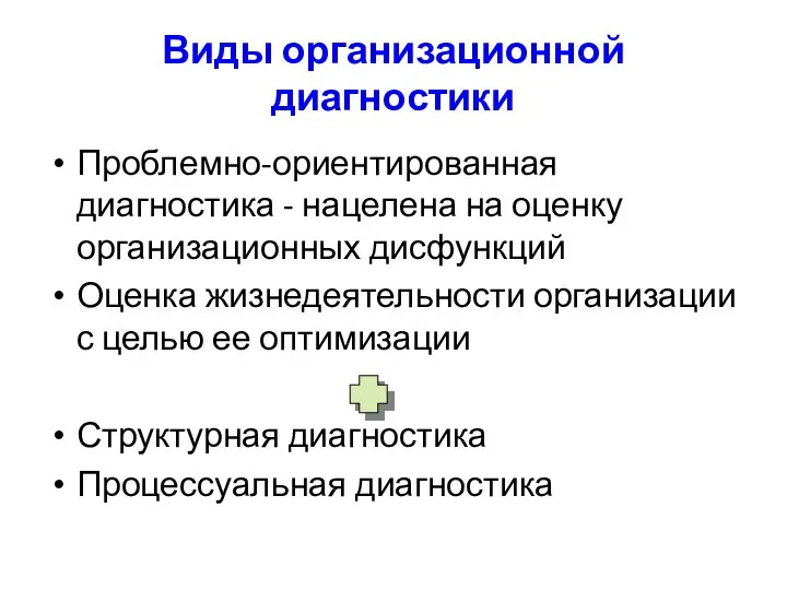 Виды организационной диагностики Проблемно-ориентированная диагностика - нацелена на оценку организационных дисфункций