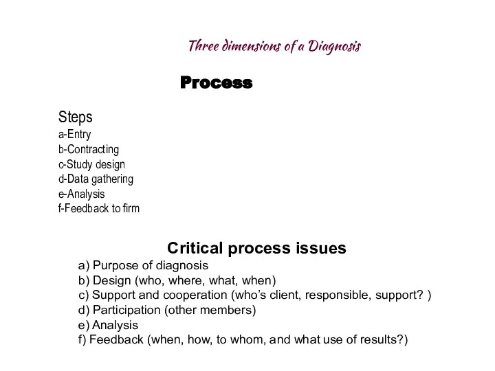 Process Steps a-Entry b-Contracting c-Study design d-Data gathering e-Analysis f-Feedback to