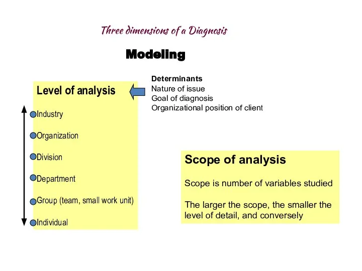 Modeling Three dimensions of a Diagnosis Level of analysis Industry Organization