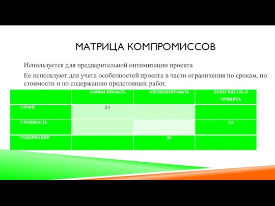 МАТРИЦА КОМПРОМИССОВ Используется для предварительной оптимизации проекта Ее используют для учета