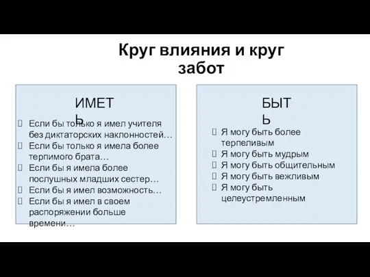 Круг влияния и круг забот Если бы только я имел учителя