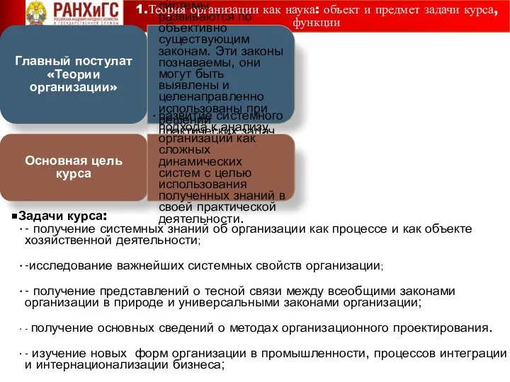 1.Теория организации как наука: объект и предмет задачи курса, функции Главный