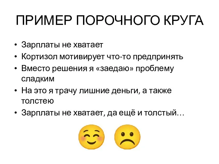 ПРИМЕР ПОРОЧНОГО КРУГА Зарплаты не хватает Кортизол мотивирует что-то предпринять Вместо