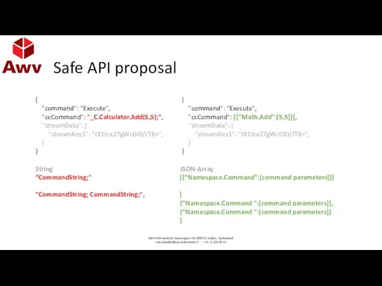 Safe API proposal { "command": "Execute", "ccCommand": "_C.Calculator.Add(5,5);", "streamData": { "streamKey1":