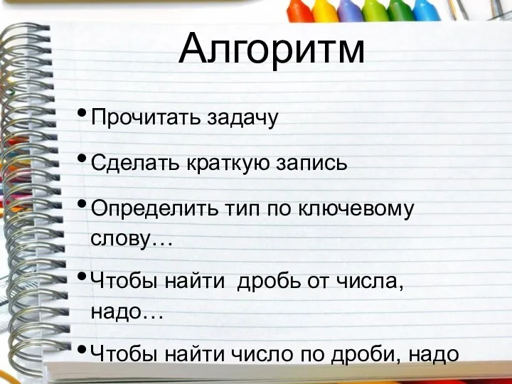 Алгоритм Прочитать задачу Сделать краткую запись Определить тип по ключевому слову…