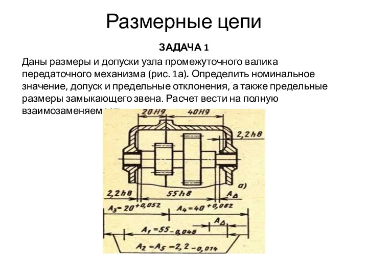 Размерные цепи ЗАДАЧА 1 Даны размеры и допуски узла промежуточного валика