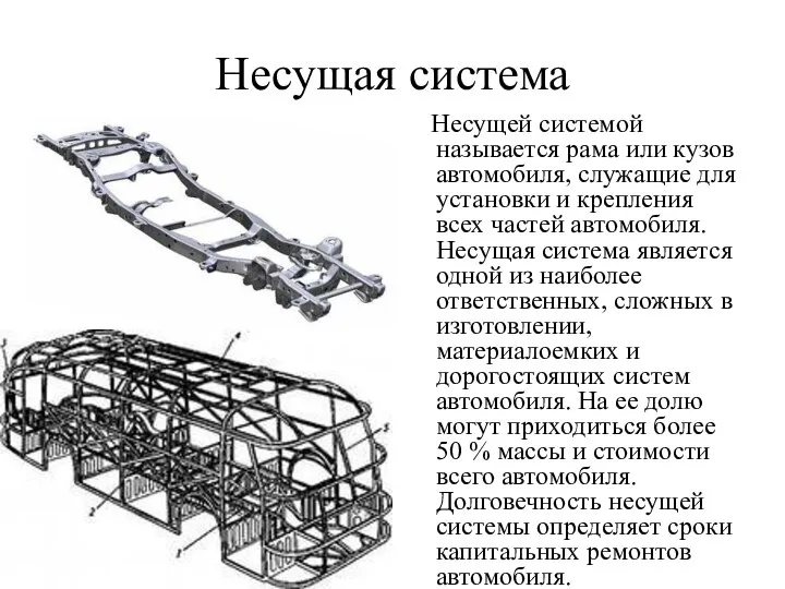 Несущая система Несущей системой называется рама или кузов автомобиля, служащие для