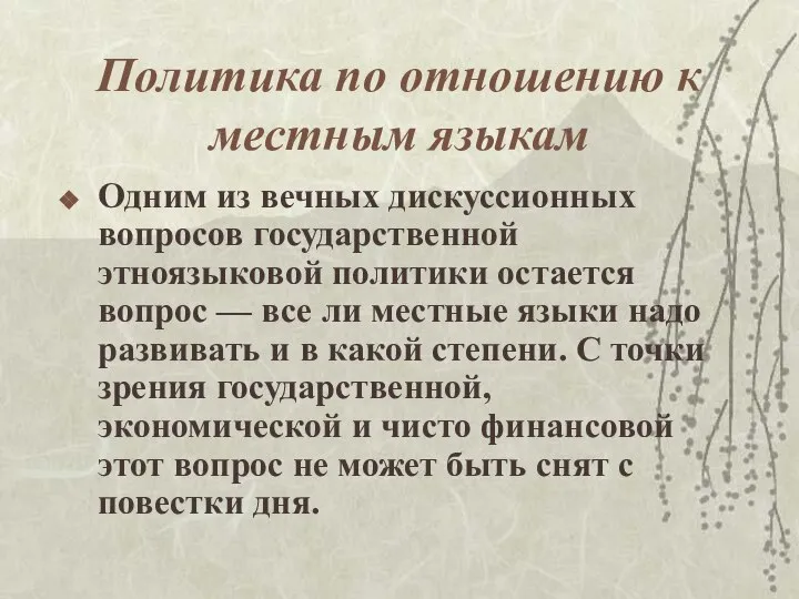 Политика по отношению к местным языкам Одним из вечных дискуссионных вопросов