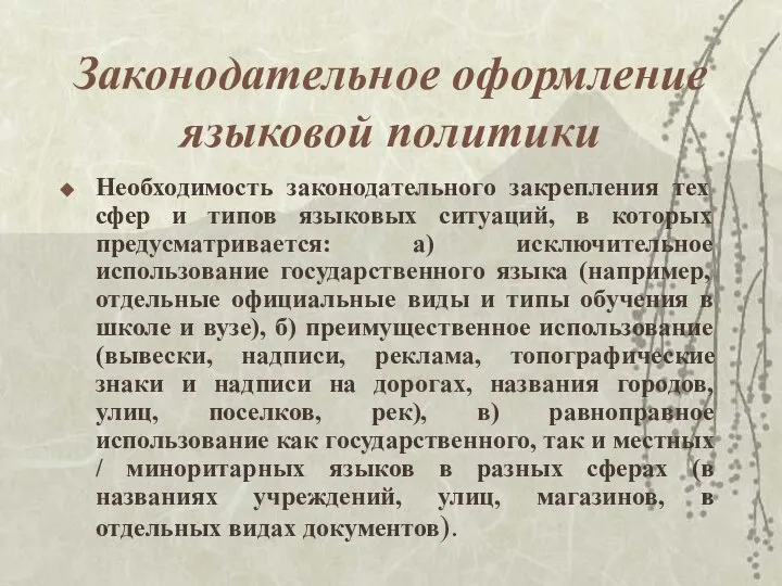 Законодательное оформление языковой политики Необходимость законодательного закрепления тех сфер и типов