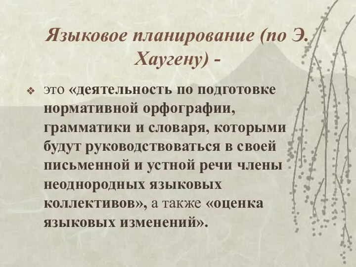 Языковое планирование (по Э.Хаугену) - это «деятельность по подготовке нормативной орфографии,