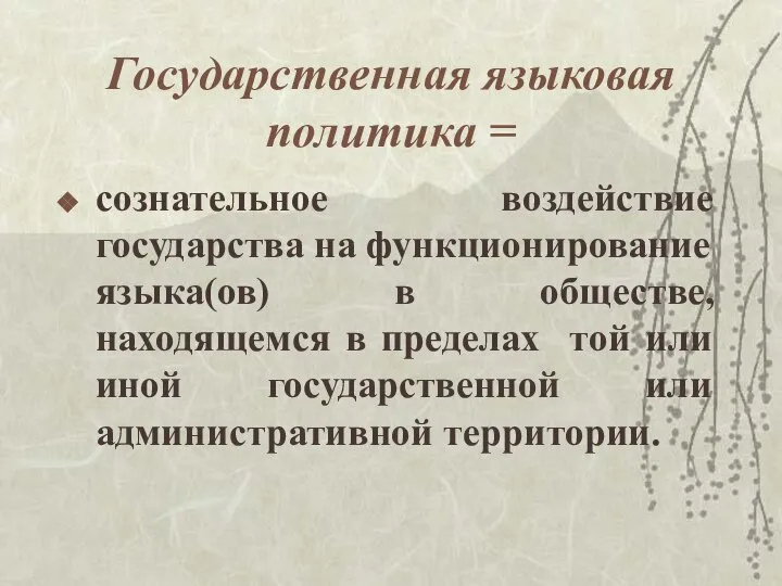 Государственная языковая политика = сознательное воздействие государства на функционирование языка(ов) в