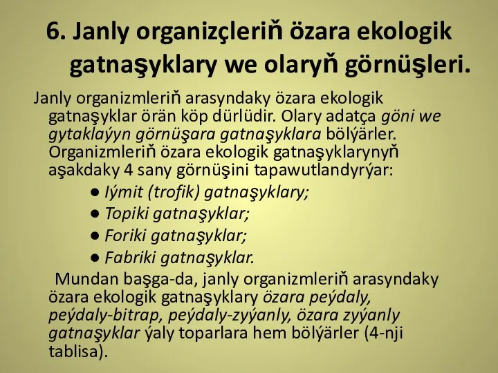 6. Janly organizçleriň özara ekologik gatnaşyklary we olaryň görnüşleri. Janly organizmleriň