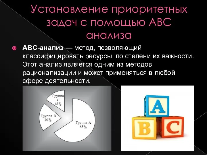 Установление приоритетных задач с помощью АВС анализа ABC-анализ — метод, позволяющий