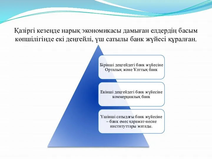 Қазіргі кезеңде нарық экономикасы дамыған елдердің басым көпшілігінде екі деңгейлі, үш сатылы банк жүйесі құралған.