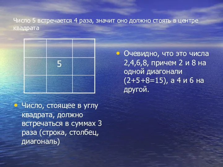 Число 5 встречается 4 раза, значит оно должно стоять в центре